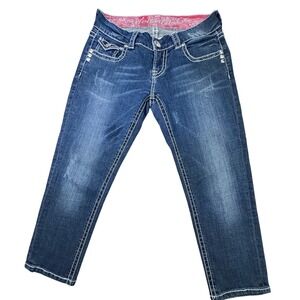 Downeast Premium Women Dark Wash Studded Capri Jeans Size 27 Contrast Stitch Y2K